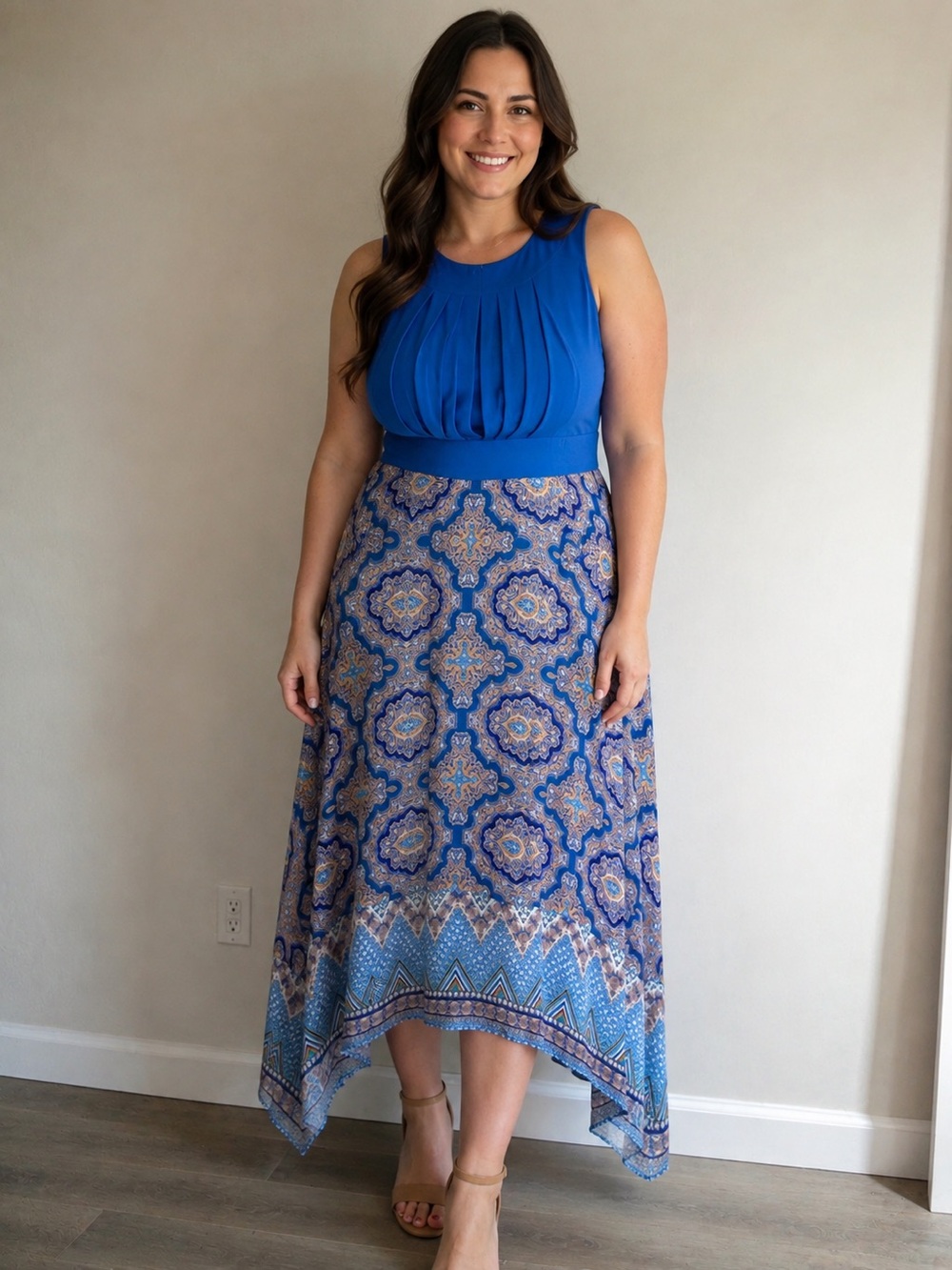 Studio One Blue Paisley Midi Dress Women's 16 Sleeveless Keyhole Fit Flare‎